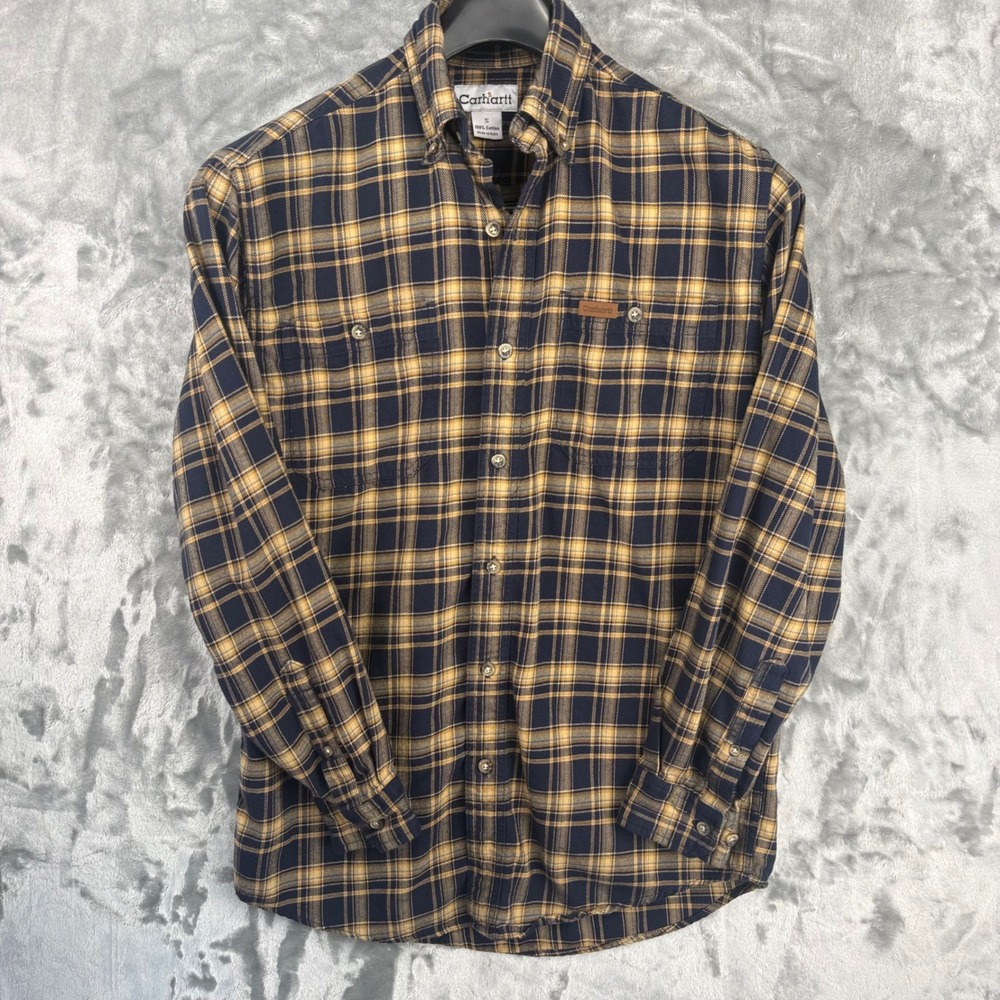 Carhartt Mens Small Navy Blue Mustard Yellow Plaid Flannel Button Down Shirt